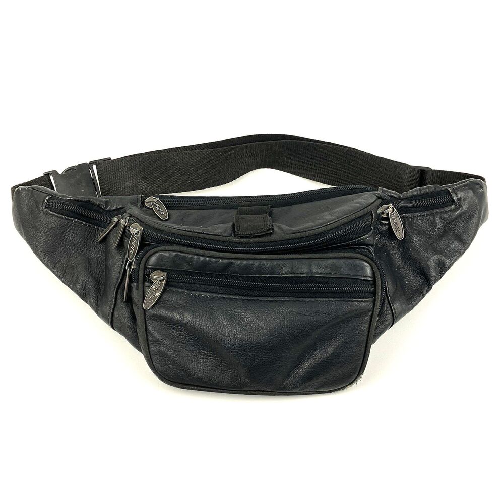 Vintage Tinder Leather Fanny Pack Black Waist Belt Bag Pockets Festival Ready
